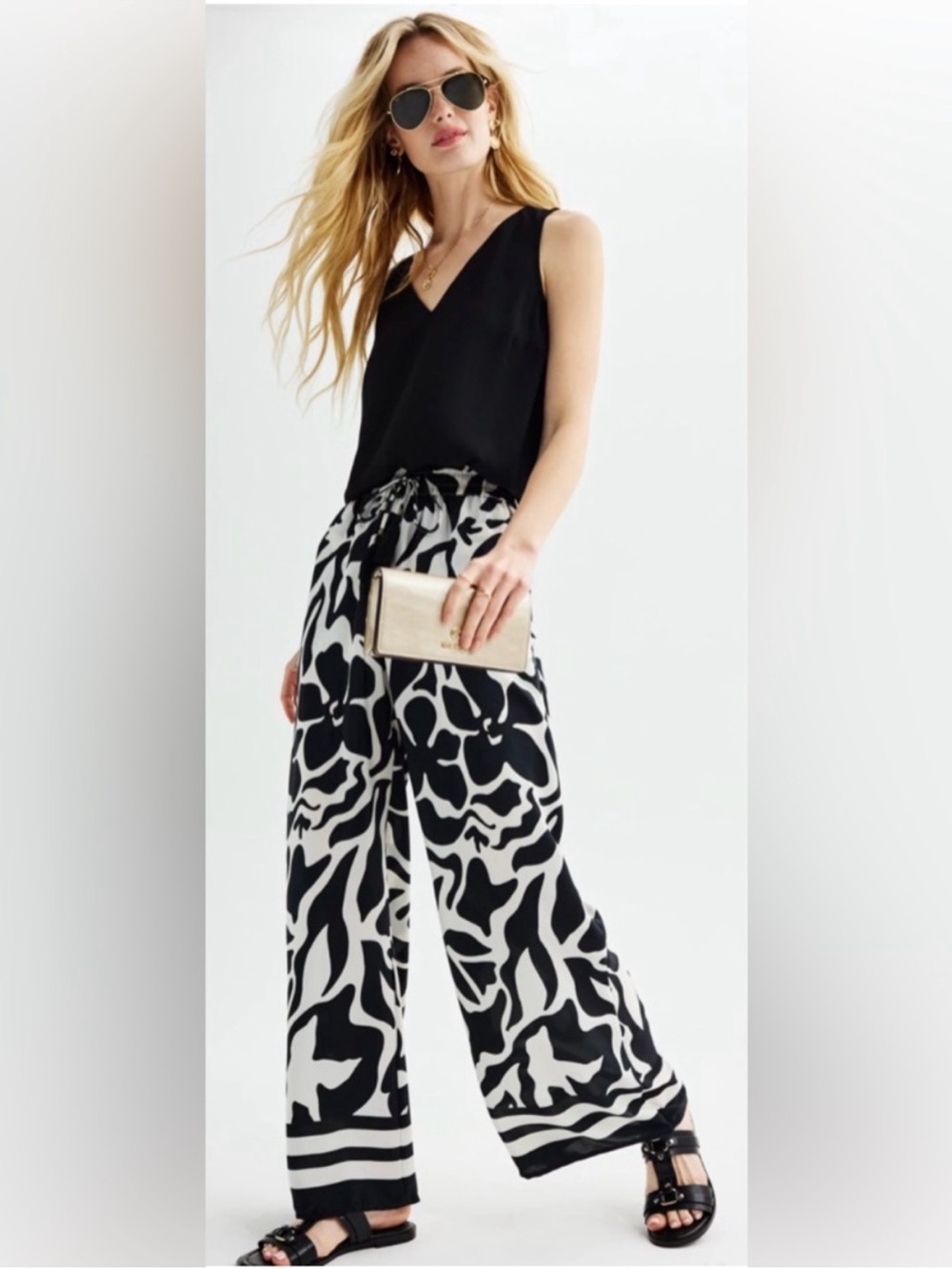 CATHERINE MALANDRINO BLK/WHITE PRINTED WIDE LEG FLOWY TASSEL TIE PANTS Medium